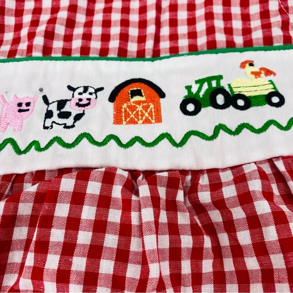 Marie Nicole Clothing Gingham Farm Animal Embroidered Romper Red White Ruffle - Picture 4 of 8